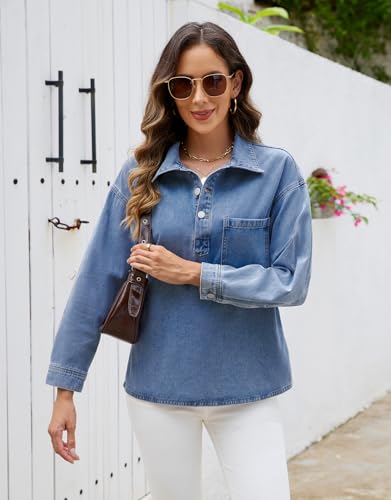 Denim Tops for Women Long Sleeve Denim Shirt Blouses Button Up Pullover Jean Shirt with Pocket4