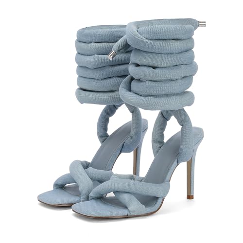 Image of LingxiaUne Blue Lace Up Sandals for Women Elegant Strappy Heels with Open Square Toe Sexy Tie Up Stiletto Heel Sandal for Party Dancing Wedding Size 11