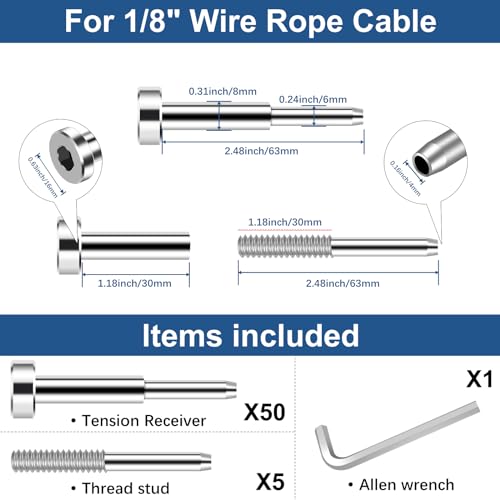 Image of 50 Pack Invisible Cable Railing Kit, 1 /8 inch Terminal Receiver & Swage Stud End for Cable Railing, T316 Stainless Steel Cable Tensioners Hardware with Spare Thread for Stud Level /Stair Metal Post
