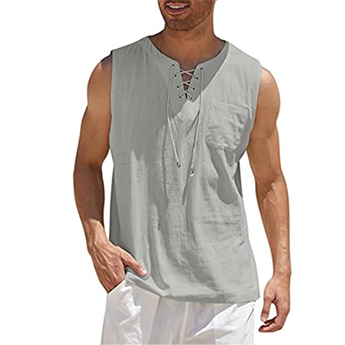 PULASSI Chemises sans Manches en Coton pour Hommes, Débardeur de Fitness, Débardeurs en Coton et Lin pour Hommes, Lace-Up - Décontracté - Col en V - avec Lacets Cover