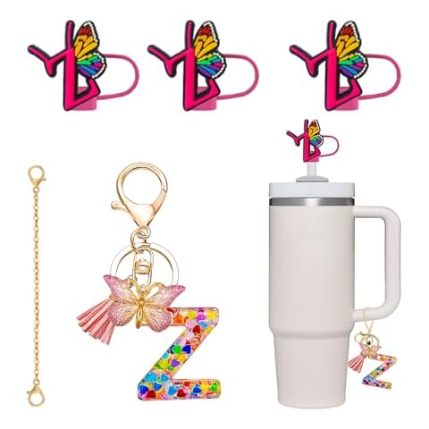 DMLNN Straw Cover for Stanley Cup, 3Pcs Butterfly Initial Letter Straw Cover with Initial letter Keychains for Women, Cute Silicone Straw Covers for Stanley Cups 30&40 Oz - Pink (Letter Z) Cover