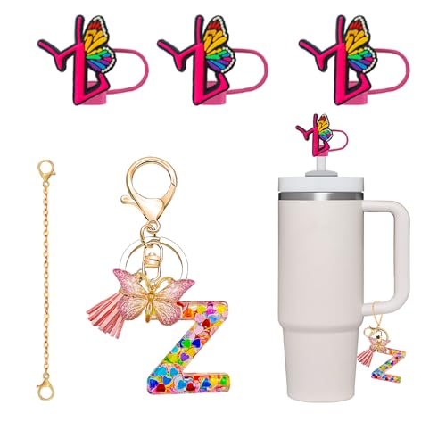 DMLNN Straw Cover for Stanley Cup, 3Pcs Butterfly Initial Letter Straw Cover with Initial letter Keychains for Women, Cute Silicone Straw Covers for Stanley Cups 30&40 Oz - Pink (Letter Z)