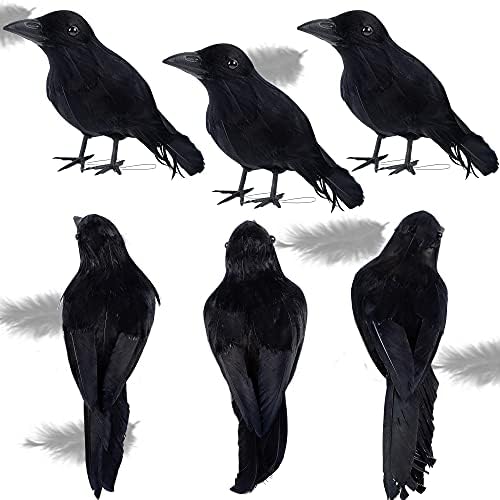 ATDAWN 6 Pack Halloween Black Feathered Crows, Realistic Hallowee...