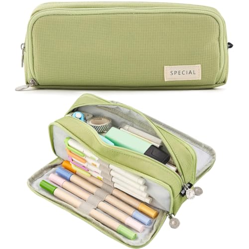 Image of MAMUNU Large Capacity Pencil Case, 3 Compartments Canvas Pencil Pouch with Zipper, Aesthetic Pencil Pen Pouch for School Students Teen Girls Boys, Green