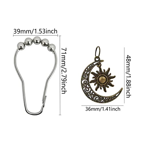 Sun Shower Curtain Hooks With Moon Stars Decor Bathroom - Rust Proof Metal Stainless Steel Curtain Rings, Decorative Shower Hook Set Of 12 Gothic Rustic Modern Style Themed Decor Bedroom Bathtub #TOP1