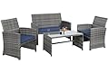Shintenchi 4-Piece Outdoor Gray Wicker Patio Conversation Furniture Set, Rattan Patio Furniture Set with Weather Resistant Cushions and Tempered Glass Tabletop,Deep Blue