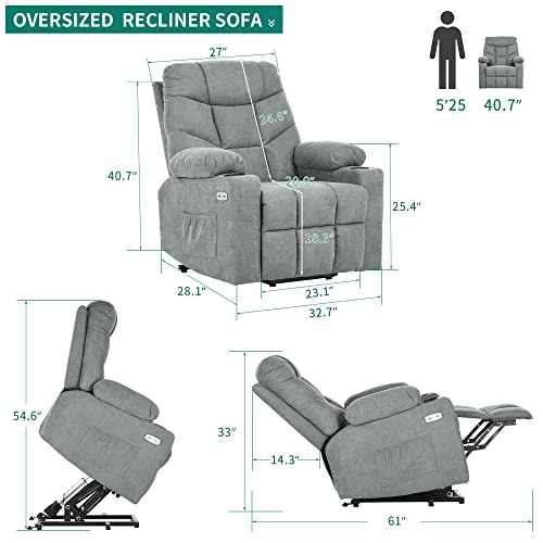 Yitahome Electric Power Lift Recliner Chair For Elderly, Fabric Recliner Chair With Massage And Heat, Spacious Seat, Usb Ports, Cup Holders, Side Pockets, Remote Control (Grey) #TOP1