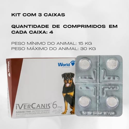 Kit 3un. 12 Comprimidos Para Pulga e Carrapato Antiparasitário para Ácaro Ivercanis para Cão até 30k
