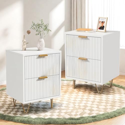 Juego de 2 mesitas de noche, mesas auxiliares con 2 cajones, moderno blanco mesita de noche con patas doradas, para cocina, pasillo (mueble de noche, 40 x 40 x 55 cm)
