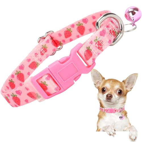 XS Dog Collar with Bell, Nylon, Adjustable, Pink Strawberry