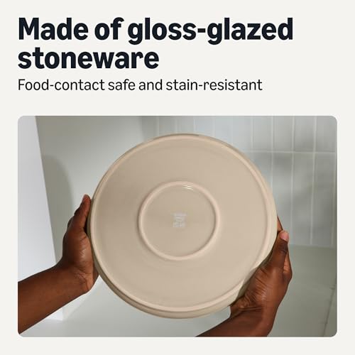 Image of Amazon Basics Glazed Stoneware Dinner Plates, Ceramic 4-Piece Set, Microwave, Dishwasher and Freezer-Safe, Modern Design, 10.5 in., Linen Gray