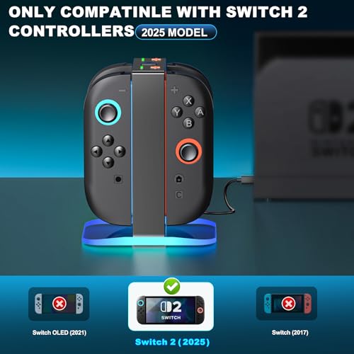 Image of Mocagen Controller Charger for Nintendo Switch 2, Magnetic 4 in 1 Joy-Con Holder, Dynamic Light, Fast 2H Charge Compatible with Switch 2 Joy Con Charger Station Accessories