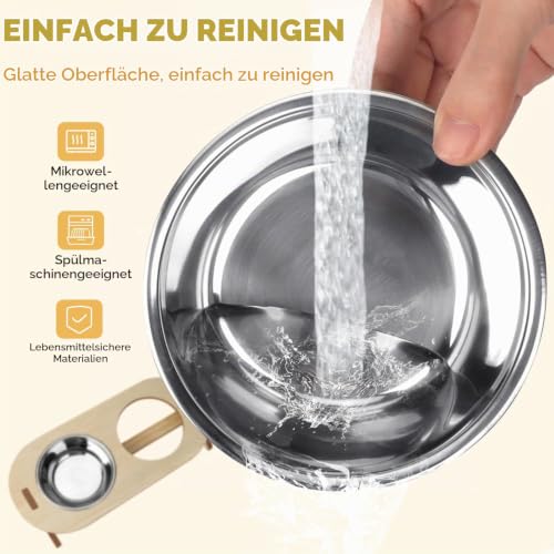 OWill Katzennapf Erhöht, 15° Erhöhte mit Geneigtem Ständer, 2 Katzennapf aus Edelstahl, Futternapf Katze mit Holzständer für Katzen und Welpen