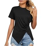 LADIGASU Blouses for Women Dressy Round Neck Short Sleeve Summer Tee Shirts Solid Pleated Slit Loose