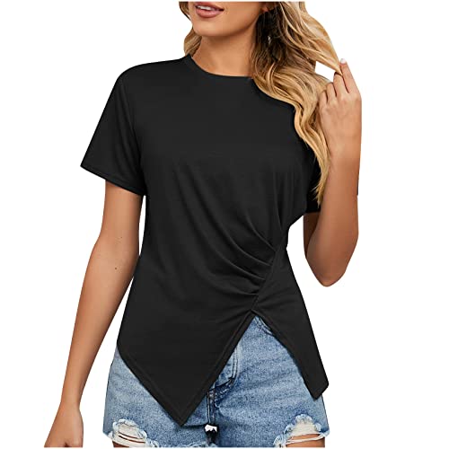 Ladigasu Blouses For Women Dressy Round Neck Short Sleeve Summer Tee Shirts Solid Pleated Slit Loose Casual Tops Blouse #TOP12