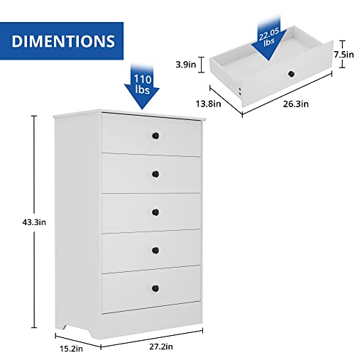 Cozy Castle White Dresser For Bedroom, 5 Drawers Chest Dresser Organizer, Tall Dresser Drawer Organizers, Kids Dresser For Bedroom, Nursery, Living Room, Entryway, White #TOP1