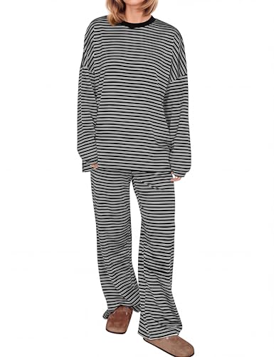 Image of MISSACTIVER Women's 2 Piece Striped Lounge Set Long Sleeve Oversized T-Shirt Wide Leg Pants Matching Pajamas Set