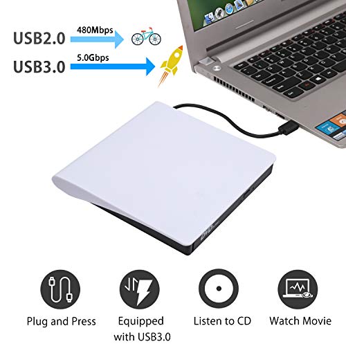 External CD/DVD Drive, USB 3.0 CD Player DVD Drive ROM +/-RW Optical Reader Writer Burner for Windows 10/8/7, Linux, Mac Laptop Desktop PC, MacBook Pro/ Air, iMac, Surface Pro (White) - Thumbnail 3