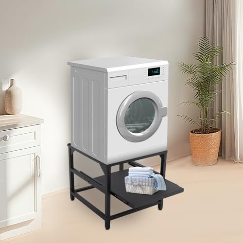 Metal Base for Washing Machine, Dryer Base with Pull-Out Shelves, Max. 150 kg, Adjustable Non-Slip Washing Machine Base, Pedestal Raiser for the Fridge Dryer(24’’x22’’x20.5’’,Black)