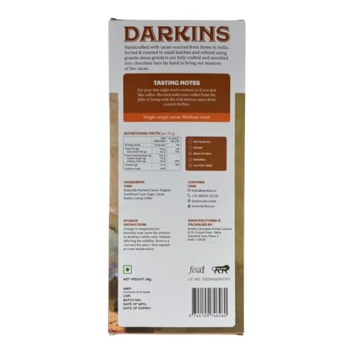 Image of Darkins | 65% Dark Chocolate With Coffee | Dark Chocolate Bar | Vegan | Natural | Gluten-free Chocolate | 50 Gm Each Pack Of 2