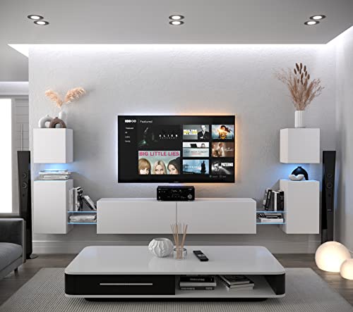 Furnitech Wohnwand Modern | Wohnwand mit LED RGB - 16 Farben | Hängend Wohnzimmer Schrankwand mit Regale und TV Schrank (AN105-21W-M4 1A)