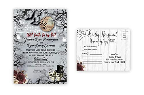 Halloween Wedding Invitations Set of 50 Skull Themed Raven Crow Moon Invites