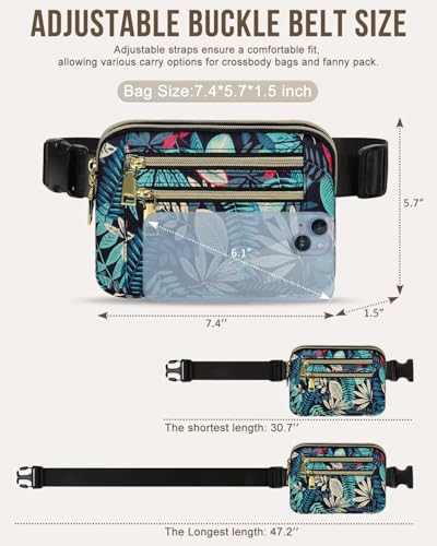 Image of Fanny Packs for Women 4 Zip Pocket Crossbody Belt Bag Waist Bags | Waterproof, Fashion Waist Pack, Crossbody Bags for Women, with Adjustable Strap, for Workout,Running,Traveling(Blue Leaves,M)