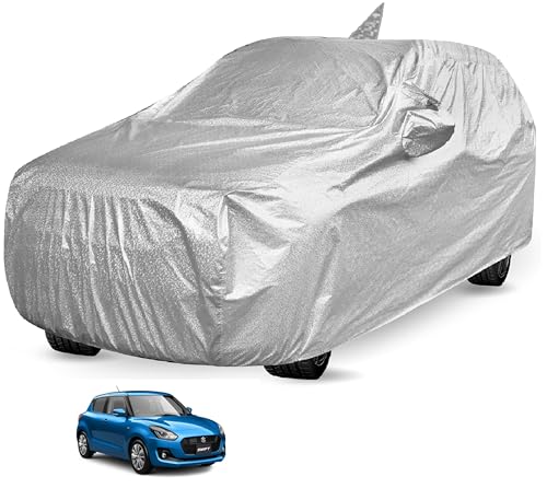 Image of Auto Hub Waterproof Car Cover Compatible with Maruti Swift (Model : 2018-Till Date) with Mirror Pocket, Soft Cotton Lining, Waterproof Swift Car Cover- Metallic Silver