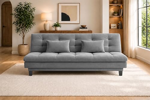 Image of 3 Seater Velvet Sofa Cum Bed, Tufted Convertible Sleeper Couch, Space-Saving Design, Comfortable Cushioned Seating - Grey Color