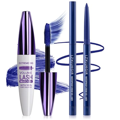 LZXLUKGIR Blue Mascara and Eyeliner Set Natural Curling Blue Mascara for Eyelashes Volumizing Lengthening mscara de pestaas Waterproof 5D Colored Eye Makeup