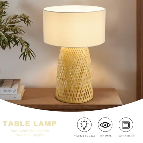 Image of Boho Bamboo Table Lamp, Handwoven Bedside Lamp with Linen Shade, Small Natural Weave Nightstand Light for Living Room, Tea Room, Desk,White