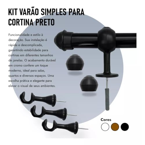 Kit Varão Varal Simples 2 Metros 19mm Para Cortina Com Conjunto de Instalação Branco Palha Tabaco Pr