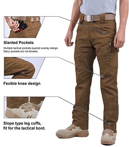 Susclude Mens Stretch Military Pants Ripstop Cargo Pants Lightweight Outdoor Work Trousers With Zipper Pockets Brown 34Wx32L #TOP2