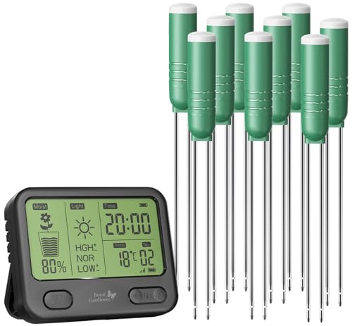Royal Gardineer Bodenfeuchtesensor: 4in1-Funk-Boden-Feuchtigkeitsmesser-Set mit 9 Sensoren, innen & außen (Bodenfeuchtigkeitsmesser, Feuchtigkeit Messer Temperatur, Bodenfeuchte)