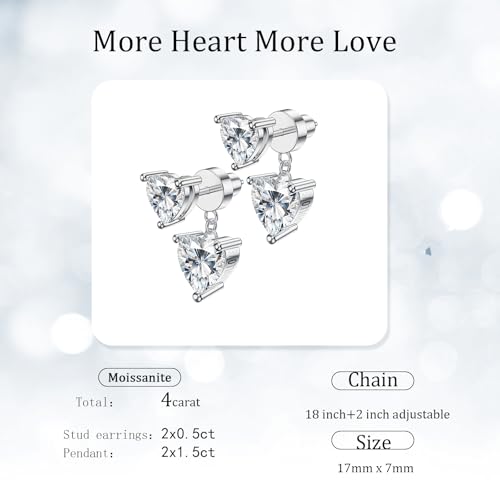 Image of Heart Moissanite Stud Earrings For Her, 2x0.5ct Studs with 2x1.5ct Pendants, Sterling Silver Jewelry, Gifts for Wife Girlfriend Mom Daughter Women