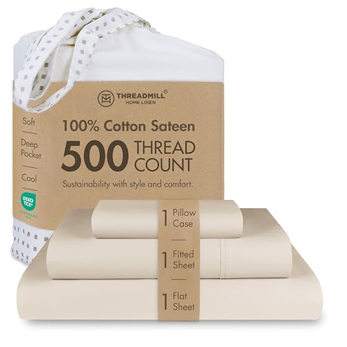 Threadmill 500 Thread Count Cotton Twin XL Sheet Set, Sateen, Beige