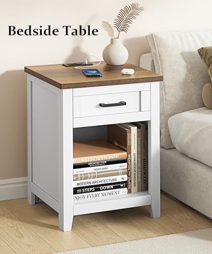 Decofy Farmhouse Nightstand with Charging Station & Large Storage, Set of 2 Modern End Tables with Outlets, USB Ports and Type-C Ports, Easy Assembly for Bedroom (Pure White + Walnut) - Thumbnail 7