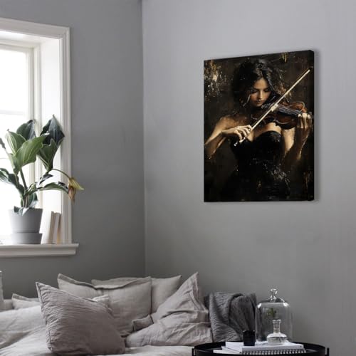 Tableau de fille au violon vintage grand format pour habiller un grand mur vide