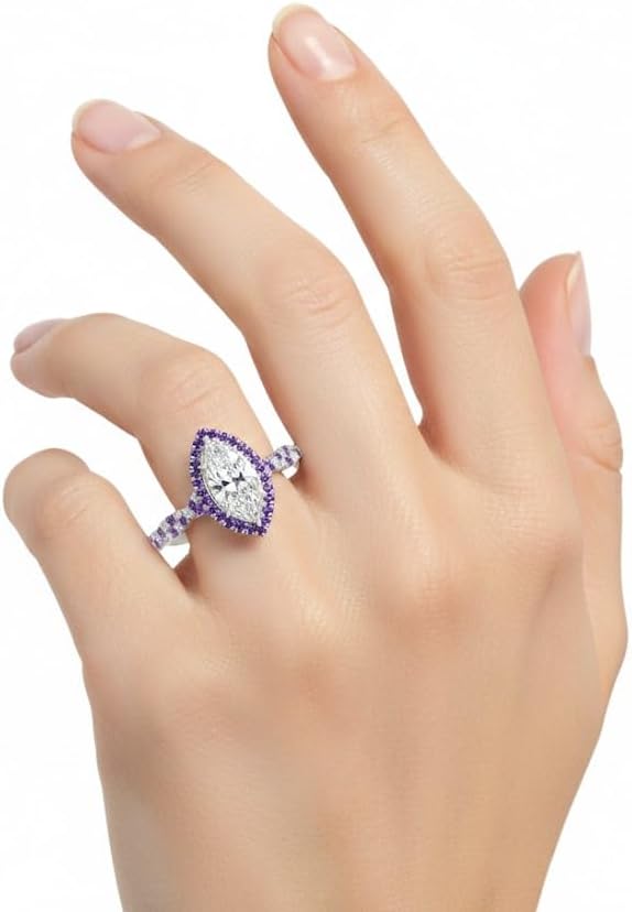 Choose Your Gemstone Twisted Marquise Diamond CZ Halo Ring 925 Sterling Silver Marquise Shape Halo Engagement Rings Minimal Modern Design Birthday Gift Wedding Gift US Size 4 to 12