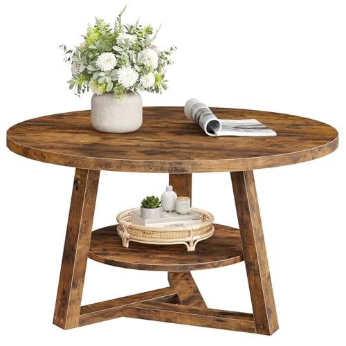 SANYOUNG Round Coffee Table, 2-Tier Center Table with Storage, Thick Tabletop & Base, 27.6 Dia. x 18.5 H Inches, Modern Wooden Coffee Table for Living Room, Easy Assembly, Rustic Brown