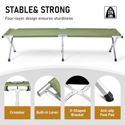 Image of Portable Folding Camping Cot,Lightweight Camping Cots for Adults,Folding Tent Camp Cot Bed,Indoor Outdoor Travel Sleeping Cots,with Carrying Bag,for Patio Hiking Picnic Beach Fishing (Army Green)