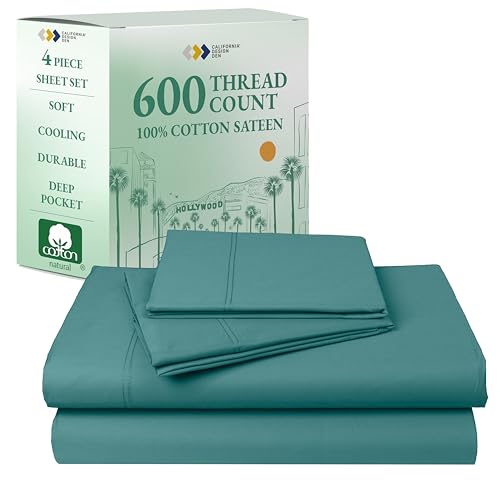 California Design Den 100% Cotton Sheets California King Size Set - Luxury 600 Thread Count Sateen, Deep Pocket Cal King Cotton Sheets Set, Hotel-Quality Bedding - Teal Sheets