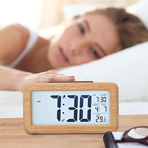 GINZER Wooden Digital Alarm Clock, Large LED Display Wood Grain Clock, Smart Sensor Night Light, Snooze and Temperature, Battery Operated, Cuboid Alarm Clock for Bedroom Office Bedside Desk