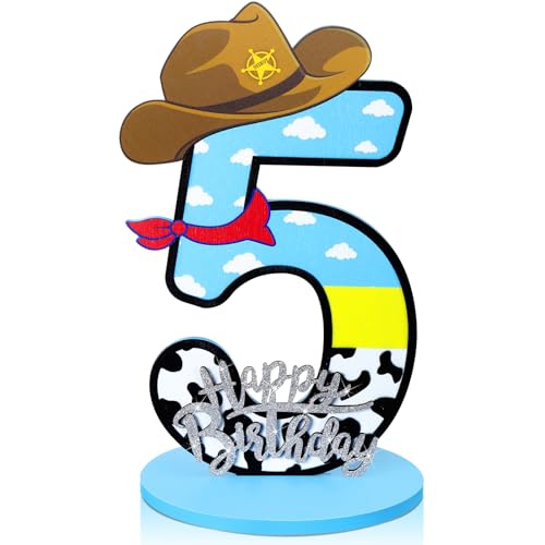 Vercraft Toy Theme 5th Birthday Decorations Party Number Centerpiece Cartoon Party Number Sign Blue Sky and White Cloud Cow Birthday Sign for Boy and Girl Photo Booth Decor