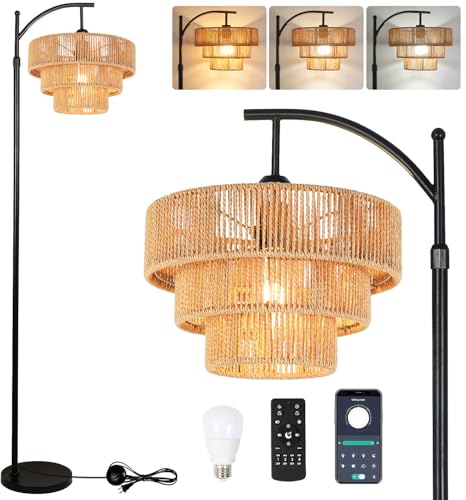 Illmtw Boho Floor Lamp For Living Room With Remote,Arc Floor Lamps Rattan Standing Lamp Dimmable Farmhouse Tall Lamp With 3-Tier Wicker Lamp Shade Adjustable Black Floor Light For Bedroom Bohemian cover