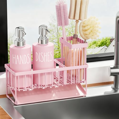 Image of MASADI Pink &Silver Kitchen Dish Soap Dispenser Set with Sponge Holder, 12OZ Glass Bottle, Hand and Dish Soap Dispenser Set, Non-Slip Silicone Pad, Brush Holder, Kitchen Sink Organizer Countertop