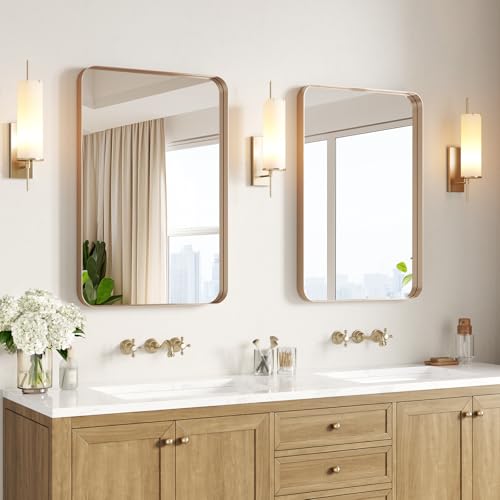 USHOWER Gold Bathroom Mirrors 22"x30" 2 Pack, Brushed Gold Rounded