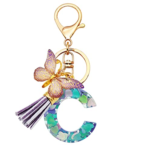 TTYY Eerste Letter Sleutelhangers voor Meisjes Vrouwen Roze Paars Groen Leuke Vlinder Hart Sleutelhanger voor Rugzak Schooltas, Paars Hart Letter C, L