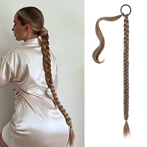 SEIKEA Long Braided Ponytail Extension with Hair Tie Straight Wrap Around Hair Extensions Ponytail Natural Soft Synthetic Hair Piece Daily Wear 34 Inch 180 Gram Dark Ash Blonde with Highlights