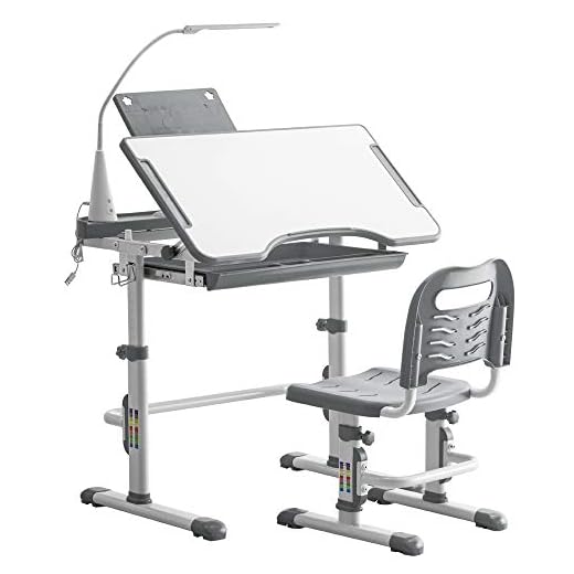 OLYMSTORE Kids Desk and Chair Set, Height Adjustable Children Study Table and Chair Set, School Students Interactive Workstation w/ Lamp,Book Stand, Tiltable Desktop for Studying, Reading and Drawing (Grey)